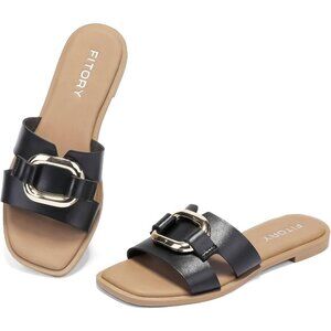 Women's Square Open Toe Slides PU Strap Metal Chain Slippers Flat Black Sandals